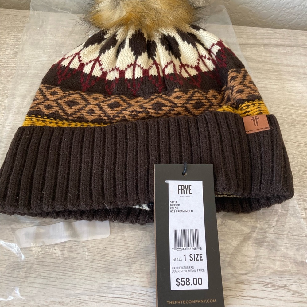 Frye Fair Isle knit beanie with fur pom